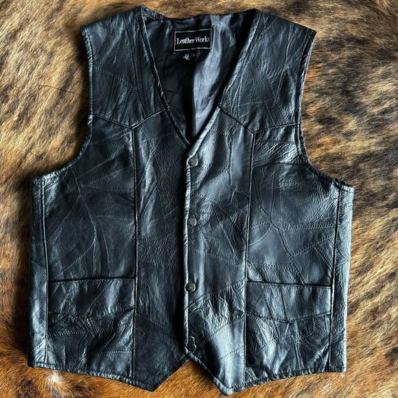 90’s Patchwork Biker Leather Vest Unisex - Picture 1 of 6